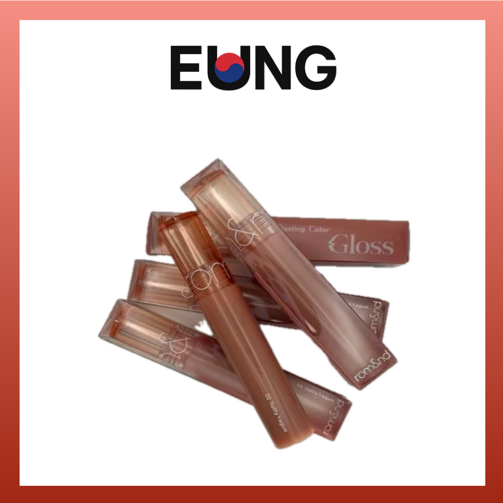 Rom&nd Glasting Color Gloss #02 Nutty Beige – High-Shine Nude MLBB Lip Gloss (4 g)