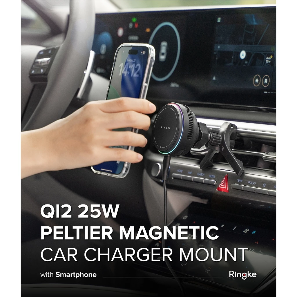 Ringke Qi2 25W Peltier Magnetic Car Charger Mount สําหรับสมาร์ทโฟนที่วางโทรศัพท์แม่เหล็กน้ําหนักเบาที่แข็งแกร่ง thumbnail 3