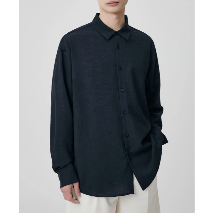 RELAXED LINEN LIKE SHIRT (NAVY, MENS CASUAL SHIRT)