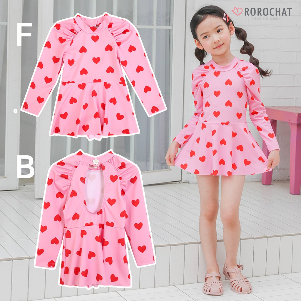 K-FASHION ROROCHAT ชุดว่ายน้ําเด็กผู้หญิง Heart-Pattern สีชมพูชุดชุดว่ายน้ํา 3-9Y Rashguard สระว่ายน