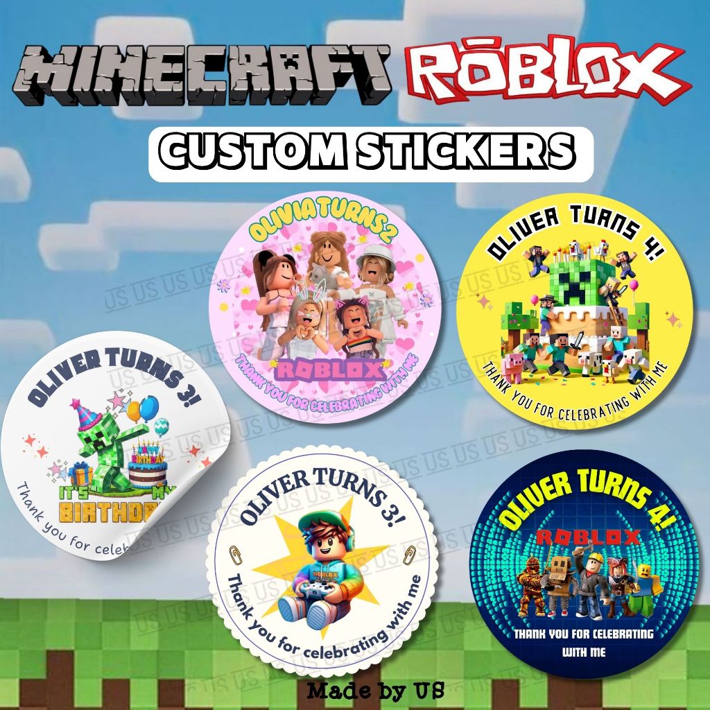 SG Seller personalizatio Minecraft Roblox Custom Birthday Custom Goodie Sticker Birthay Sticker
