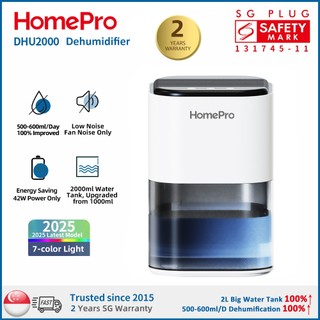 【Ready Stock in SG】HomePro DHU2000 Dehumidifier/2L Tank/500-600ml/day/Compact Size/2-Year SG Warranty/3-pin SG Plug