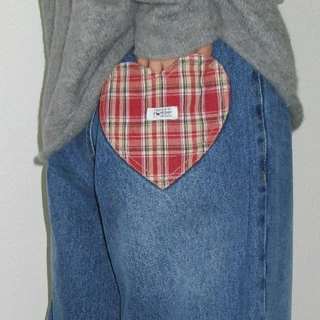 [RONRON] Patch Roll Up Denim Pants / RED CHECK
