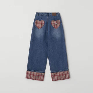 [RONRON] Patch Roll Up Denim Pants / RED CHECK