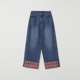 [RONRON] Patch Roll Up Denim Pants / RED CHECK