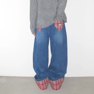 [RONRON] Patch Roll Up Denim Pants / RED CHECK