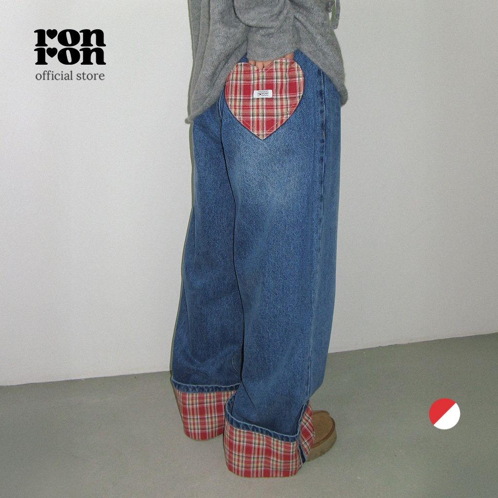 [RONRON] Patch Roll Up Denim Pants / RED CHECK