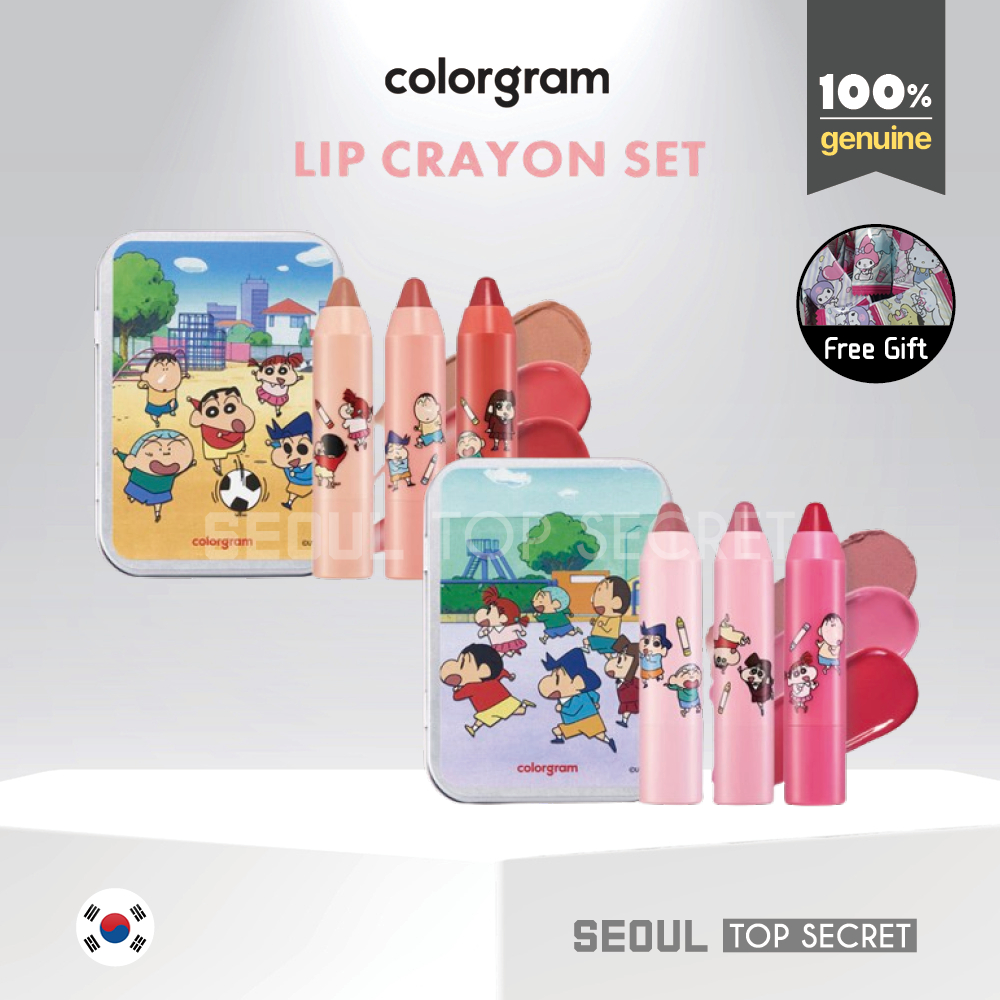 [colorgram] Lip Crayon Set of 3 (Matte & Glow) + Crayon Shinchan Tin Case