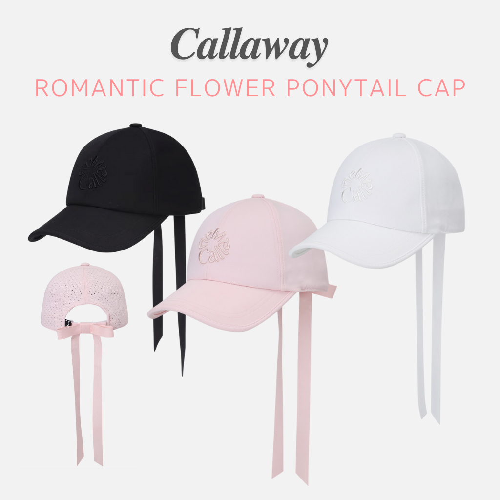 หมวกกอล์ฟผู้หญิง Callaway – โบลายดอกไม้สไตล์โรแมนติก พร้อมช่องหางม้า ปรับขนาดได้ (ชมพู/ขาว/ดำ)