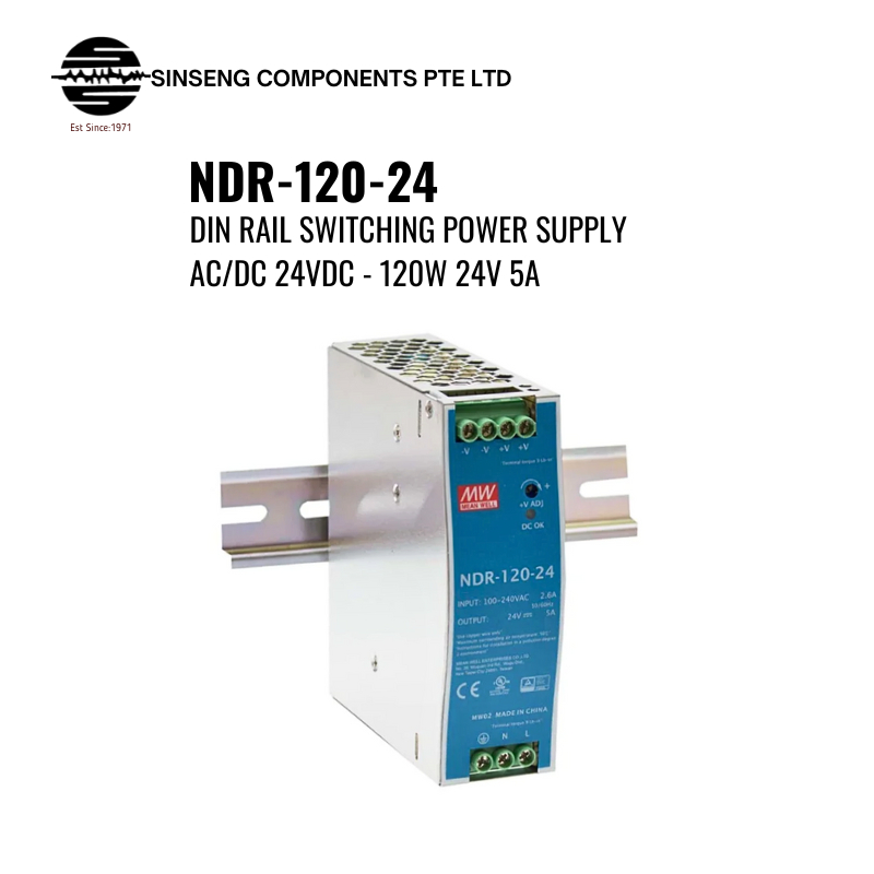 Mean Well NDR-120-24 (NDR-120) DIN RAIL Switching Power Supply AC/DC 24Vdc - Meanwell 120W 24V 5A