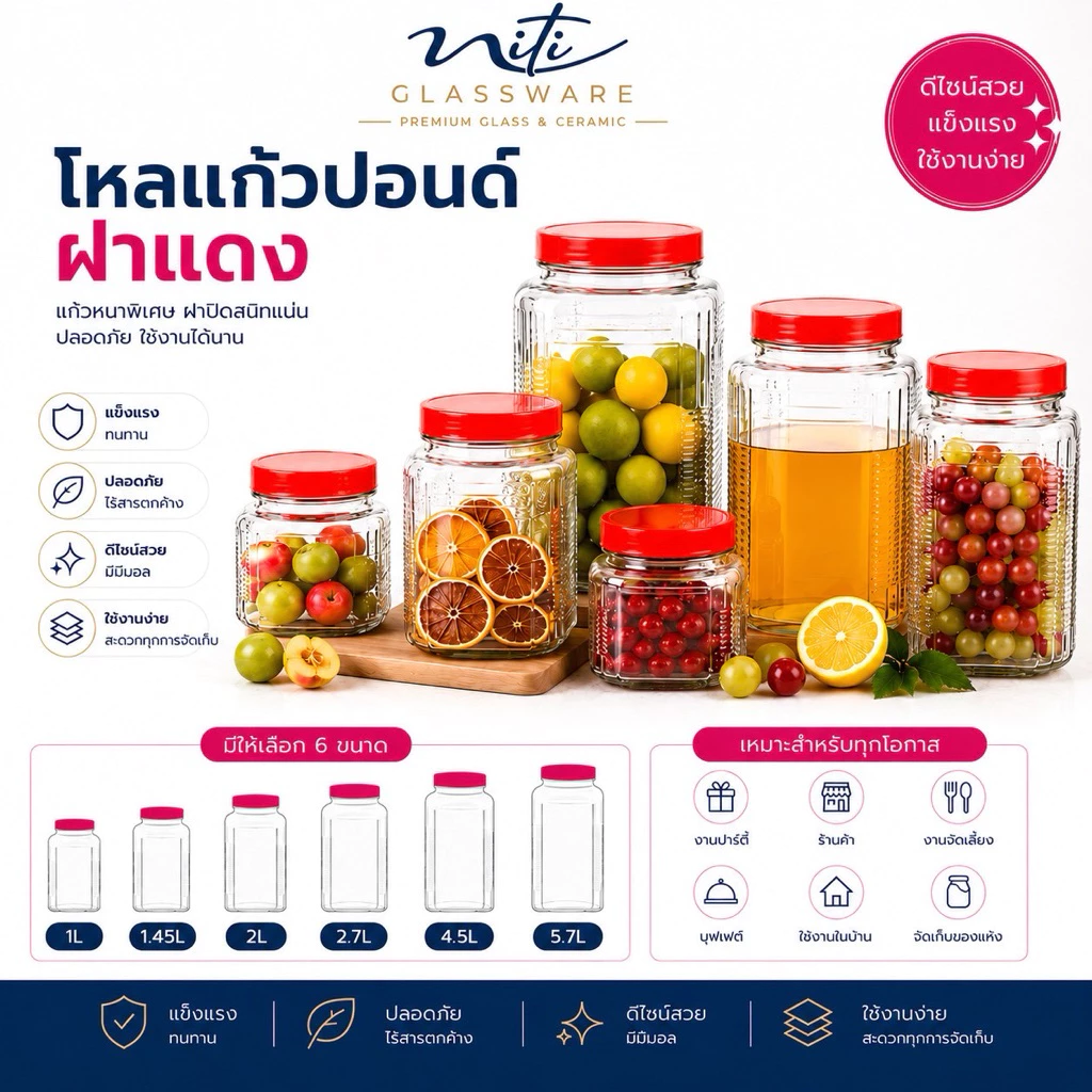 โหลแก้วใส ขนาด1-5.7ลิตร ฝาพลาสติก สำหรับใส่ของแห้ง ข้าวสาร ถั่ว เส้นพาสต้า ลูกอม ใช้ในครัวเรือน หรือ ร้านอาหาร ส่งด่วน-ส