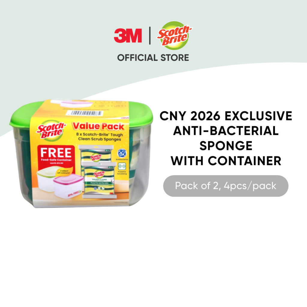 3M Scotch-Brite 213VP Tough Clean Scrub Sponge with Container (แพ็ค 2 ชิ้น) 4 ชิ้น/แพ็ค สําหรับขจัดค