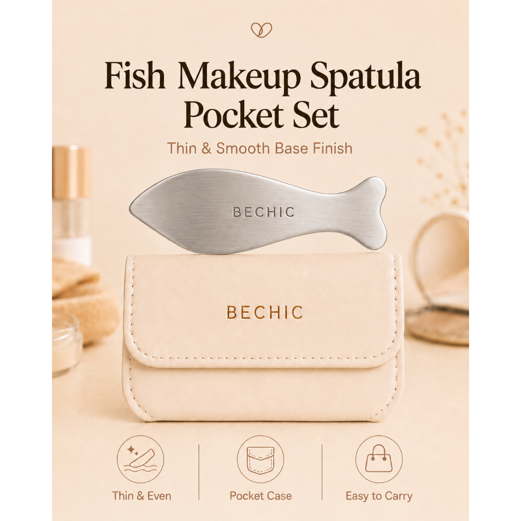 [DAISO Korea] BECHIC Fish Makeup Spatula Pocket Set | เครื่องมือแต่งหน้าฐาน K-Beauty พร้อมเคส