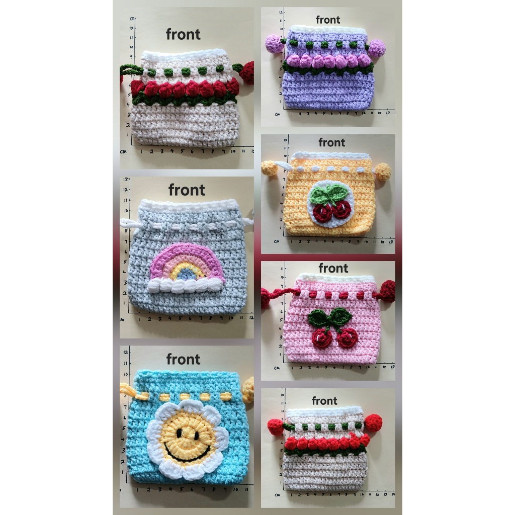Handmade Drawstring CROCHET POUCH BAG สําหรับคีย์เหรียญ earpods goodie bag idea