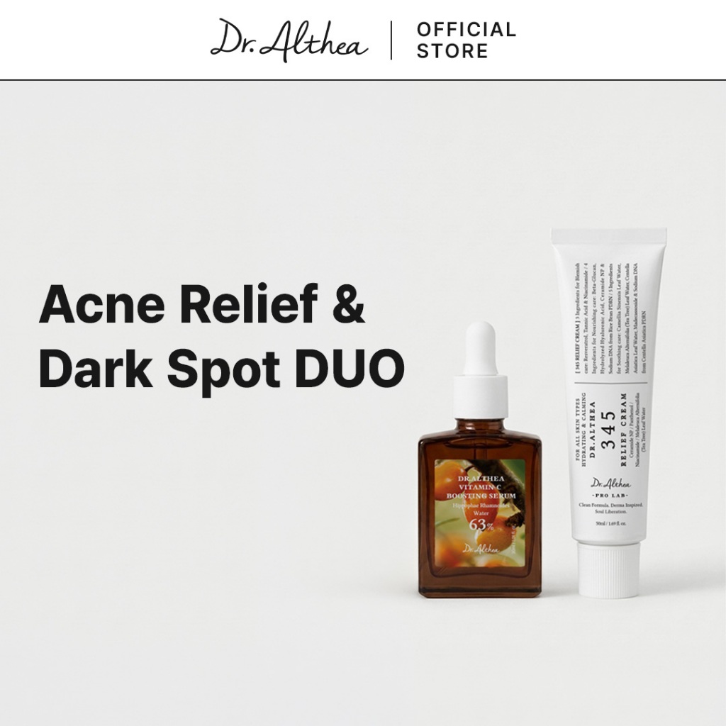 Dr.Althea Acne Relief & Dark Spot DUO | ไบรท์เทนนิ่ง แอนด์ ซูทติ้ง ซินเนอร์จี้ | โพสท์-แอคเน่แคร์ | 345 Relief Cream 50ml + Vitamin C Boosting Serum 30ml