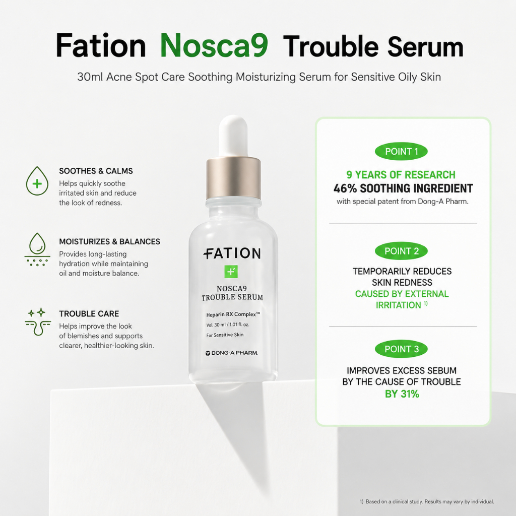 Fation Nosca9 Trouble Serum 30ml Acne Spot Care Soothing Moisturizing Serum สําหรับผิวบอบบาง
