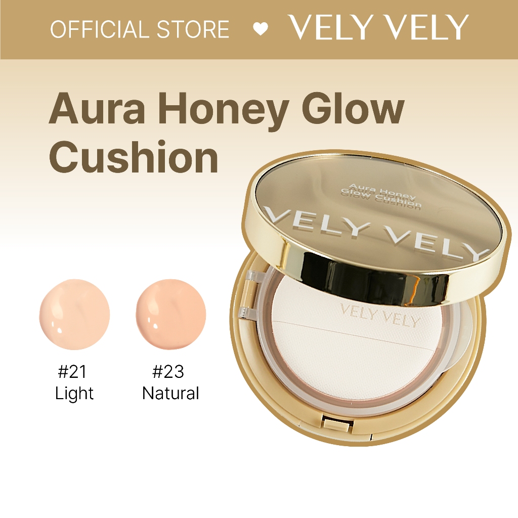 [VELY VELY] Aura Honey Glow Cushion 15g, Full Coverage, Glow, Semi Matte, ประกอบด้วย Essence 64% (Beta-Glucan, Birch Sap)