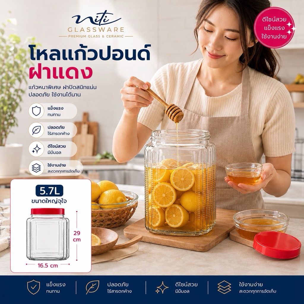 โหลแก้วใส6678 ขนาด5.7ลิตร ฝาพลาสติก สำหรับใส่ของแห้ง เครื่องดื่ม ดอง ใช้ในครัวเรือน ส่งด่วน-ส่งฟรี