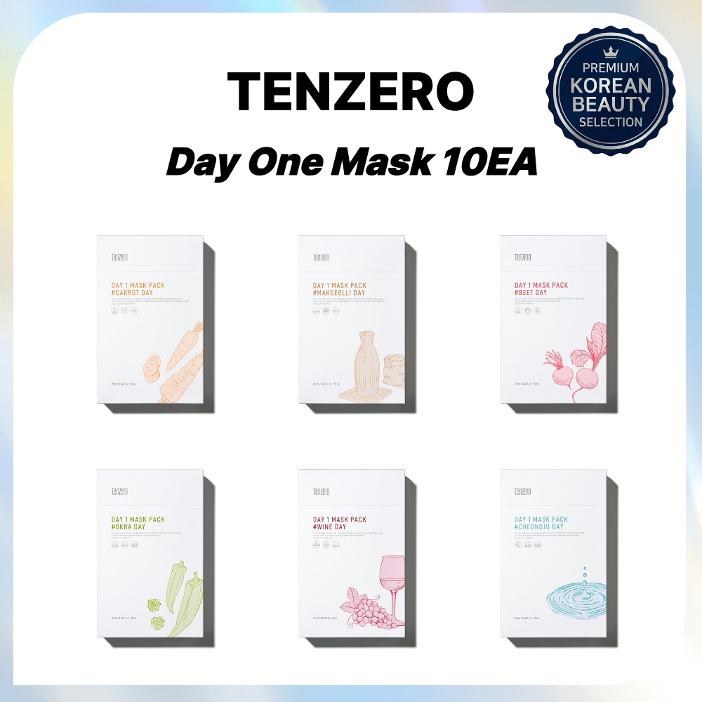 [TENZERO] Day 1 Mask Pack 25ml 10ea 6Types Korean Daily Sheet Mask Carrot Beet Okra Wine Cheongju Ma