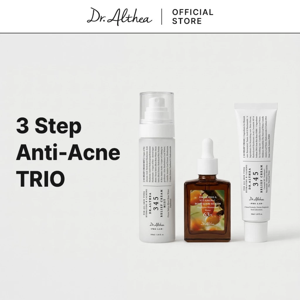 ดร.อัลธีอา 3 ขั้นตอน แอนตี้-แอคเน่ ทรีโอ | การกู้คืนผิวสมบูรณ์ | ดาร์ค สปอต แอนด์ เรดเนส แคร์ | 345 Relief Cream 50ml + Vitamin C Boosting Serum 30ml + 345 Relief Cream Mist 100ml