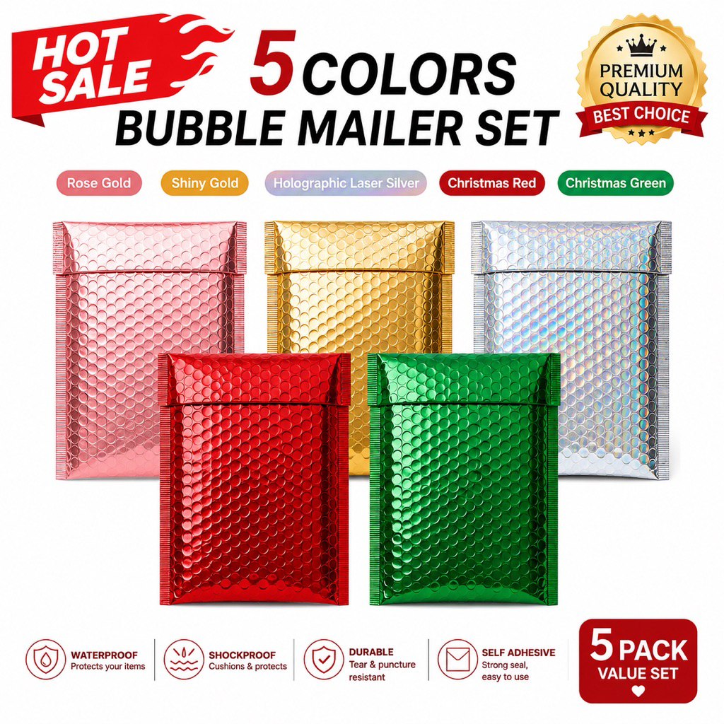 SG Bubble Mailers – Rose Gold, Shiny Gold, Holographic Laser Silver, Christmas Red & Christmas Green