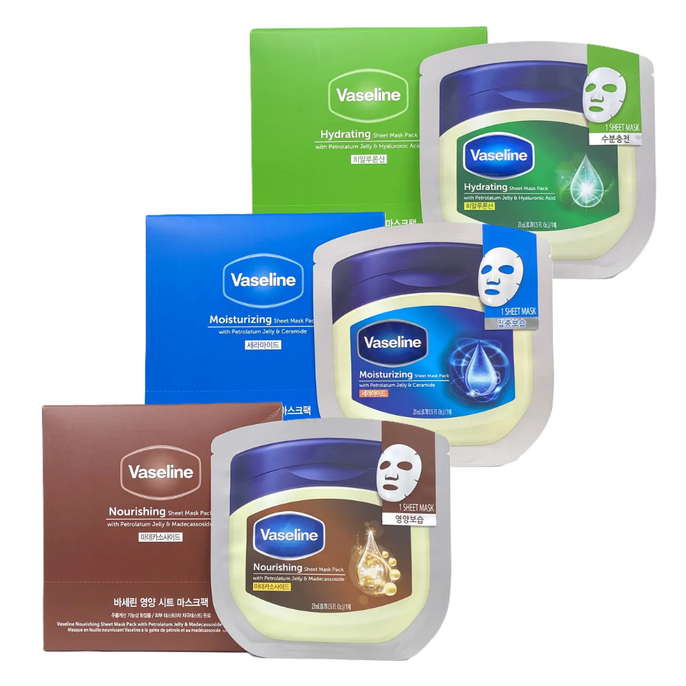VASELINE วาสลีน ชีท มาส์ก | ความชุ่มชื้นลึก, ผ่อนคลาย, ซ่อมแซมสิ่งกีดขวาง, เค-บิวตี้ทุกวัน