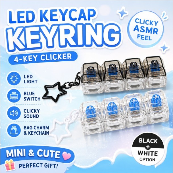 [Jumarket] LED Mechanical Keyboard Keycap Keyring Clicker 4-Key ASMR Mini พวงกุญแจสีดําสีขาว