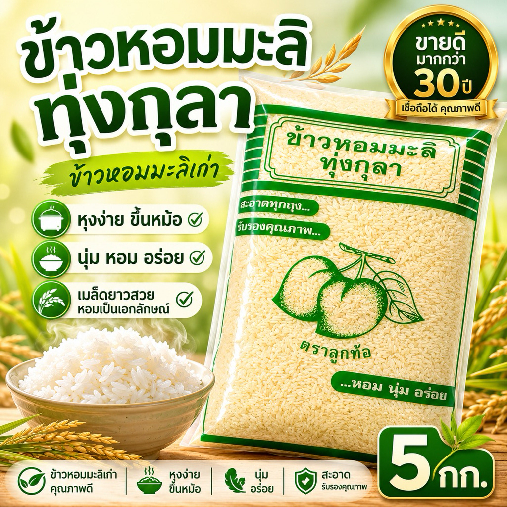 (ส่งฟรี+โค้ดลด) ข้าวหอมเก่าตราลูกท้อ 5 กก.ข้าวเก่าหุงง่าย ข้าวหอมแท้100% ขายมาแล้วกว่า 30 ปี