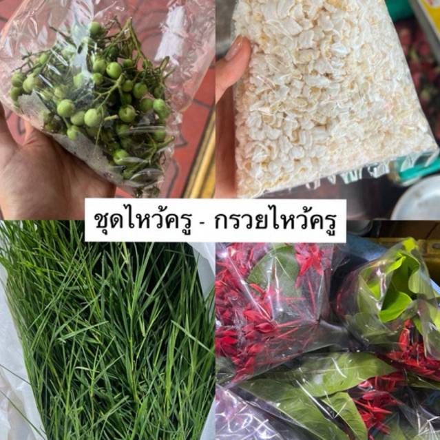 ชุดไหว้ครู 4 อย่าง | ดอกเข็ม หญ้าแพรก ข้าวตอก มะเขือ | วันไหว้ครู พานไหว้ครู กรวยไหว้ครู ดอกไม้ไหว้ครู พระพิฆเนศ