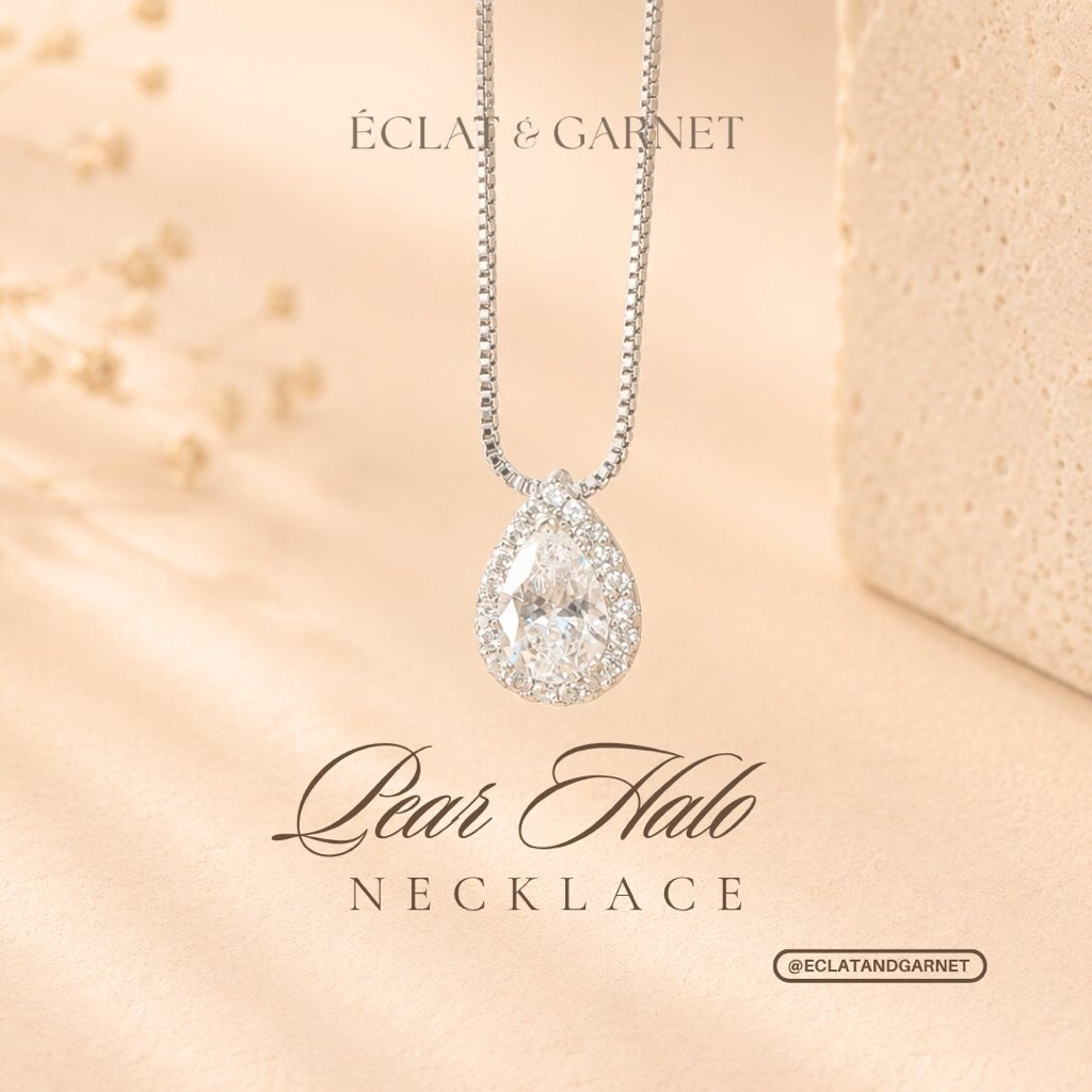 Eclat & โกเมน - PEAR HALO สร้อยคอ BBE เครื่องประดับเพทายระดับพรีเมียมพร้อมโรเดียมอุปกรณ์เสริมสร้อยคอ
