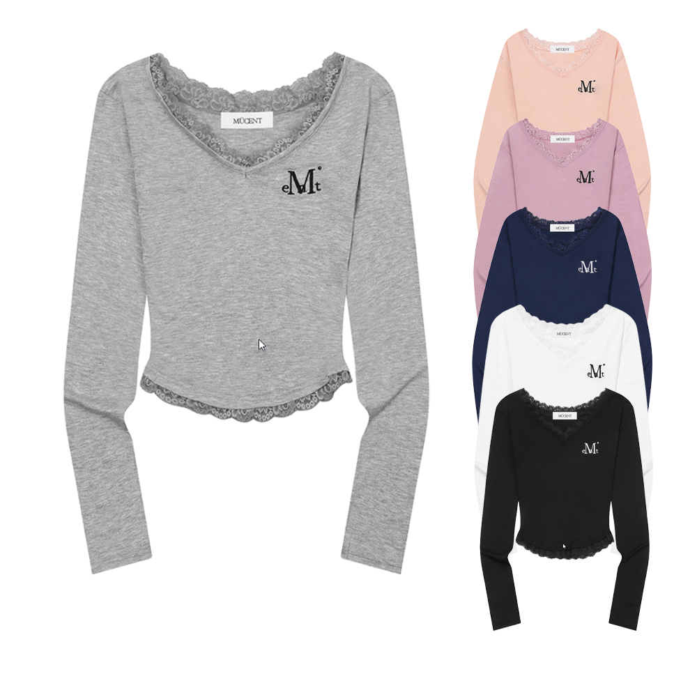 MUCENT SUNNIOR LACE V-NECK LONG SLEEVE T ผู้หญิง Slim Fit เสื้อยืดแขนยาวลูกไม้รายละเอียด Casual สไตล์เกาหลี (6 สี) 5772289