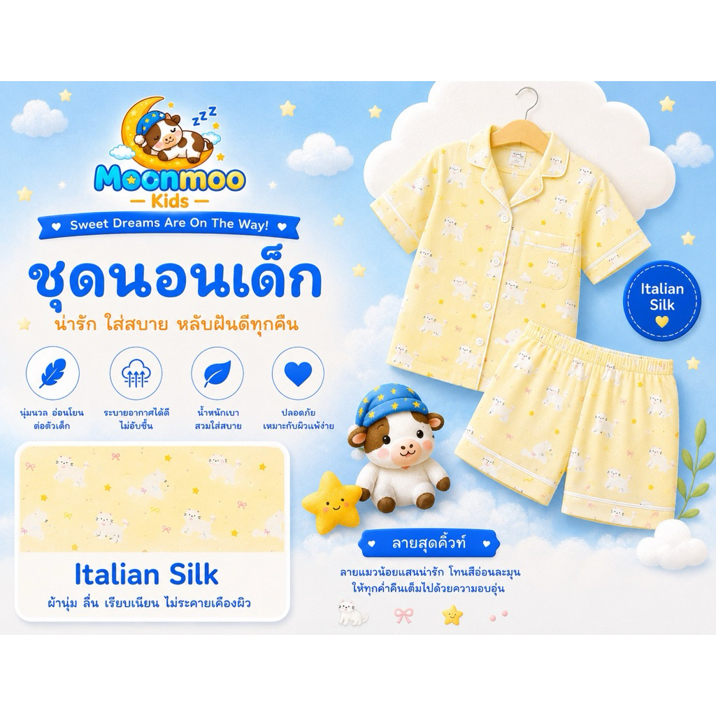 ชุดนอนเด็ก ‘Butter Cat’ - Italian Silk (Size 3-8Y)