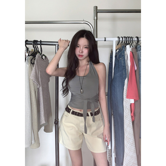 เสื้อกล้ามคล้องคอผู้หญิงฤดูร้อน Slim Casual 2Way Strap Crop Camisole