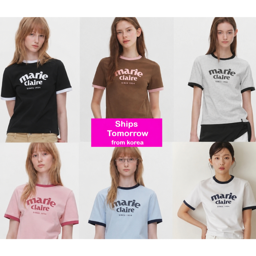 (จัดส่งพรุ่งนี้)marie claire Arch Logo Ringer เสื้อยืดแขนสั้นผู้หญิง Regular Fit Ringer Tee Casual Korean Style Logo Tee (6 สี) MAGBTS10M