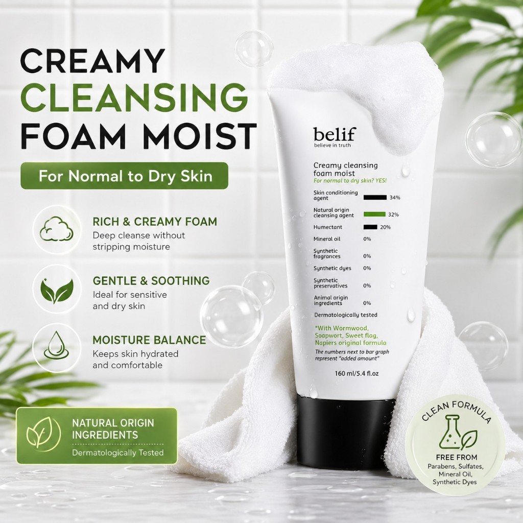 [Belif] โฟมล้างหน้าครีม มอยส์ 160mL / K-BEAUTY