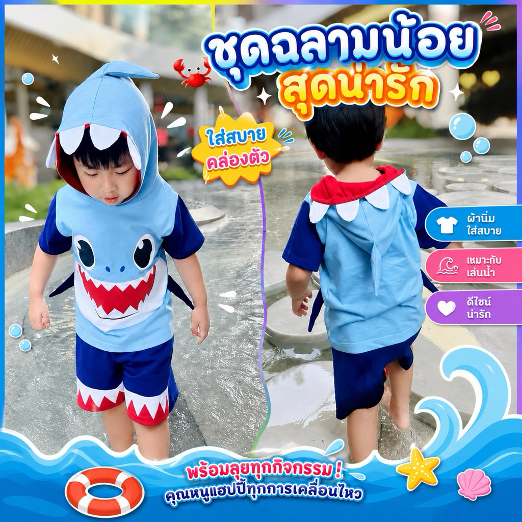ชุดฉลามน้อยสุดน่ารัก เสื้อฮู้ดพร้อมกางเกง ผ้านิ่ม ใส่สบาย พร้อมลุยทุกกิจกรรม