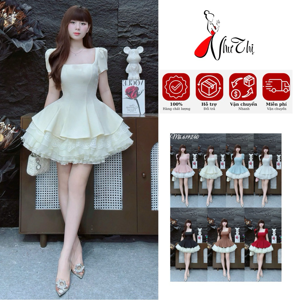 C212 (ขนาดเอวต่ํากว่า 82cm) TLT Trieu Lo Tu เดรสสั้นปิดหลัง คอเหลี่ยม แขนพอง แขนบานหลายชั้น