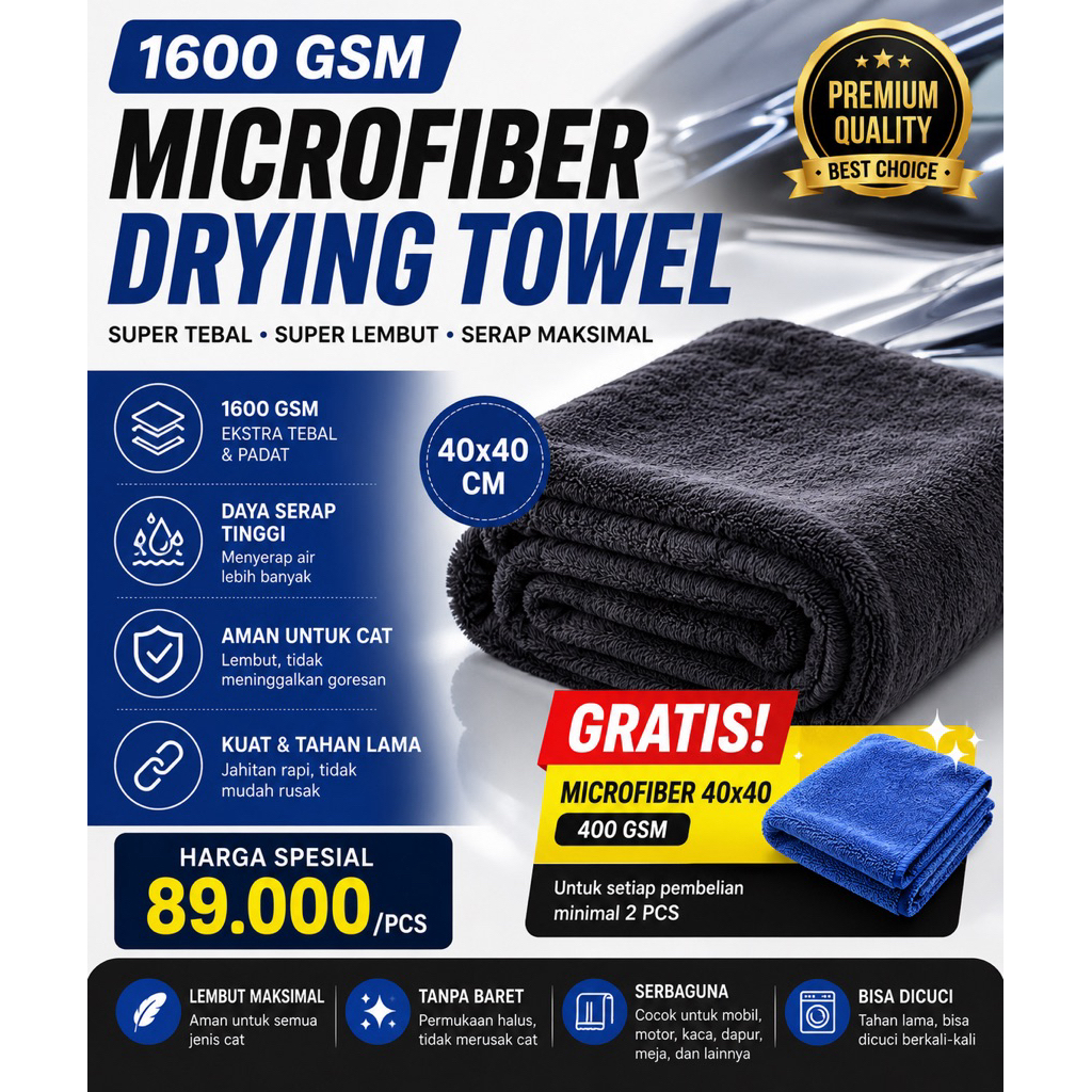 1600 GSM ผ้าไมโครไฟเบอร์ 40x40 2 ด้าน Super หนา Premium Drying ผ้าขนหนูรถรถจักรยานยนต์Drying ผ้า