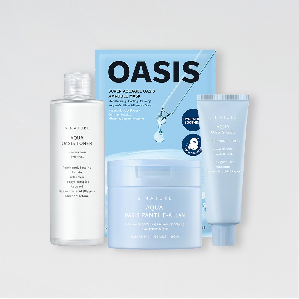 S.NATURE Aqua Oasis Toner 300ml, เจลเกรี่ยม 80ml, แพนเธ-อัลลันแพด 60p, มาส์ก