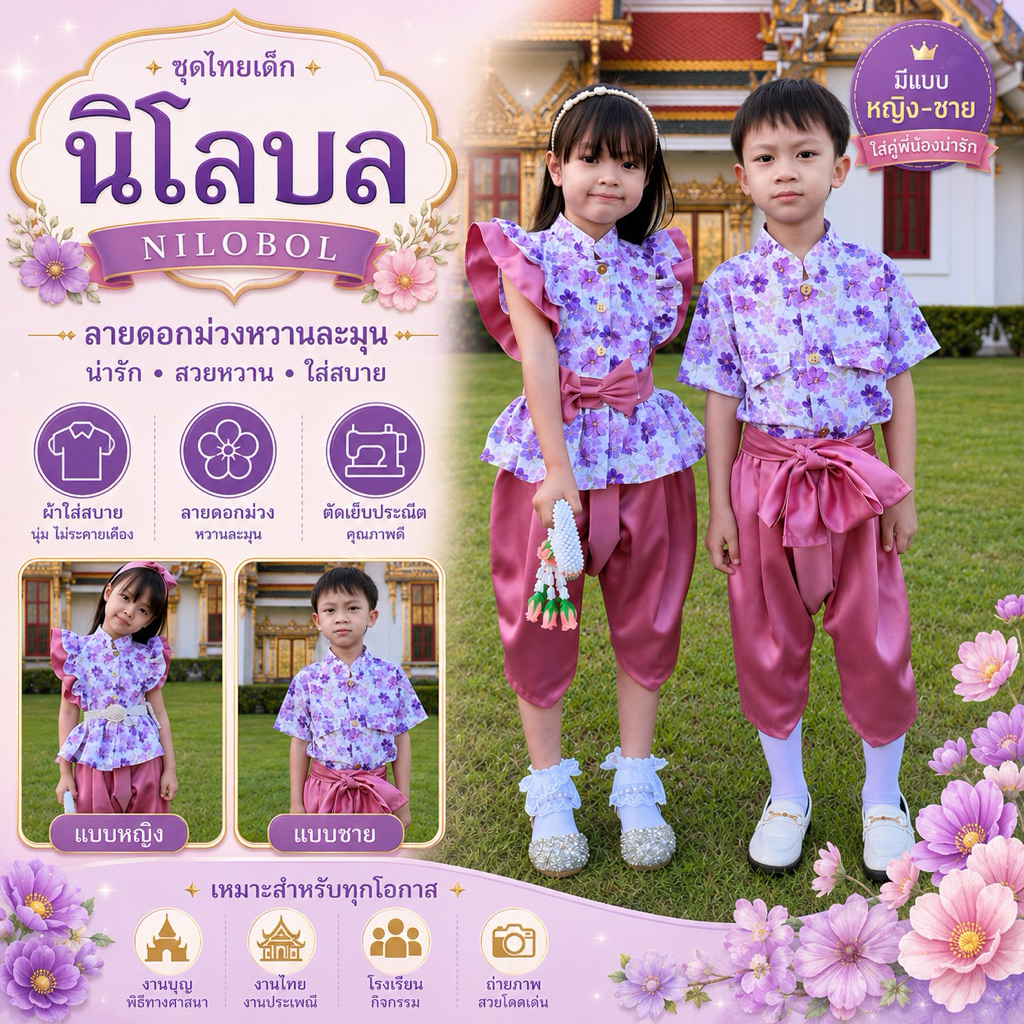 ชุดไทยเด็ก ชุดไทยคู่พี่น้อง “ รุ่น นิโลบล ‘ มีไซส์เริ่มตั้งแต่เด็กเดือน