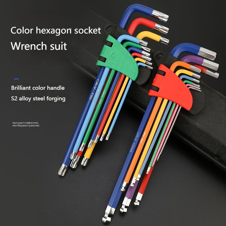 9 ชิ้น Hex ชุดกุญแจเมตริกคีย์ยาวพับหัวบอล Hex เพชร (Hex Plus) Torx ชุดกุญแจรหัสสี 1.5 มม.-10 มม.