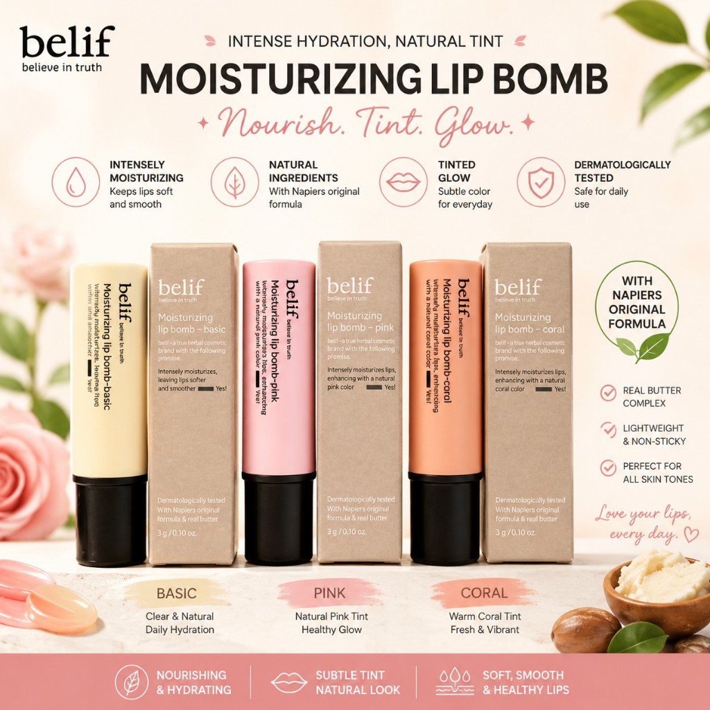 [Belif] Moisturizing Lip Bomb 3g (ชมพู / โคร่า / เบสิก) / K-BEAUTY