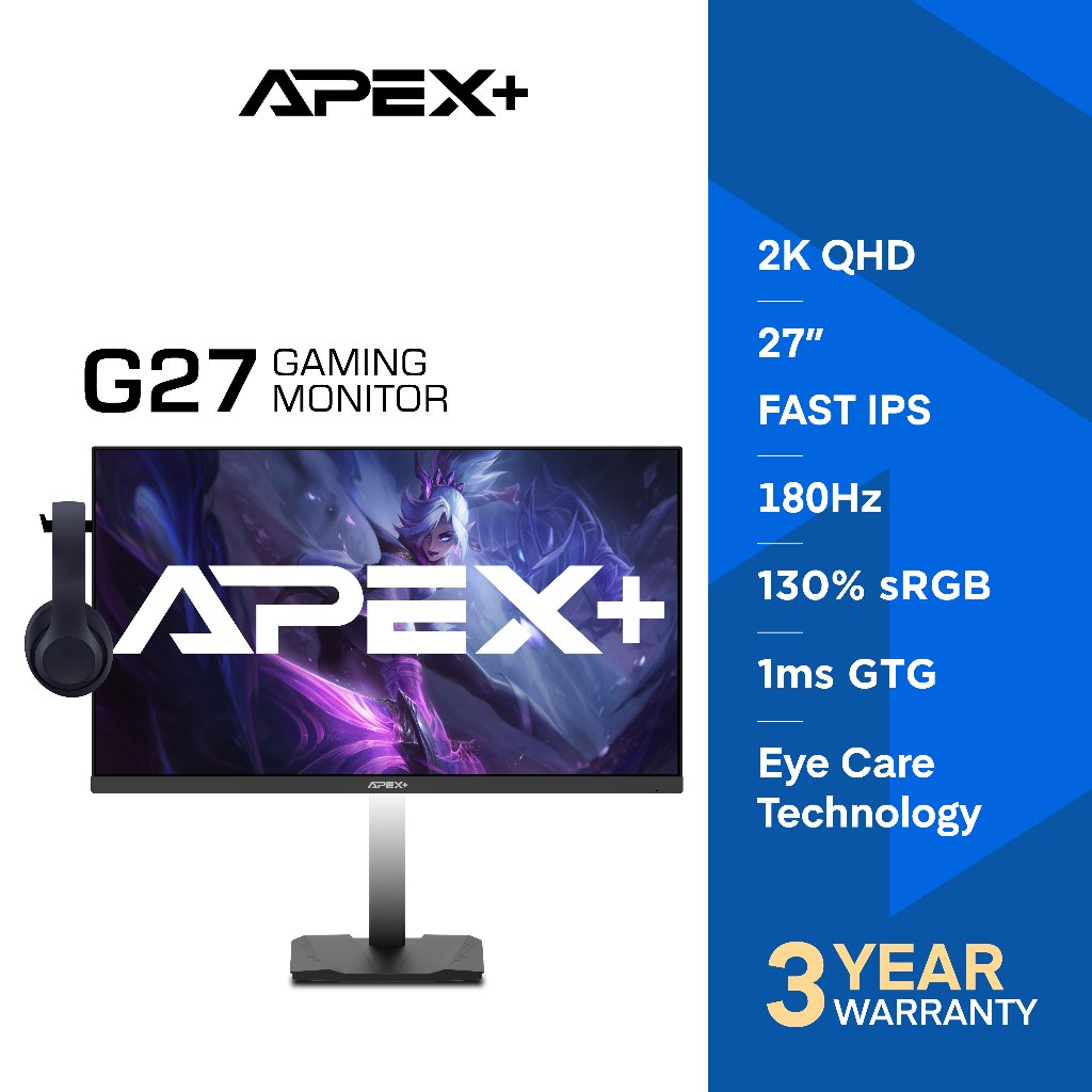 APEX+ EVO 27" 180Hz 2K QHD Monitor - Fast IPS 1ms GTG HDMI + DP Audio Speaker VESA Office & Gaming