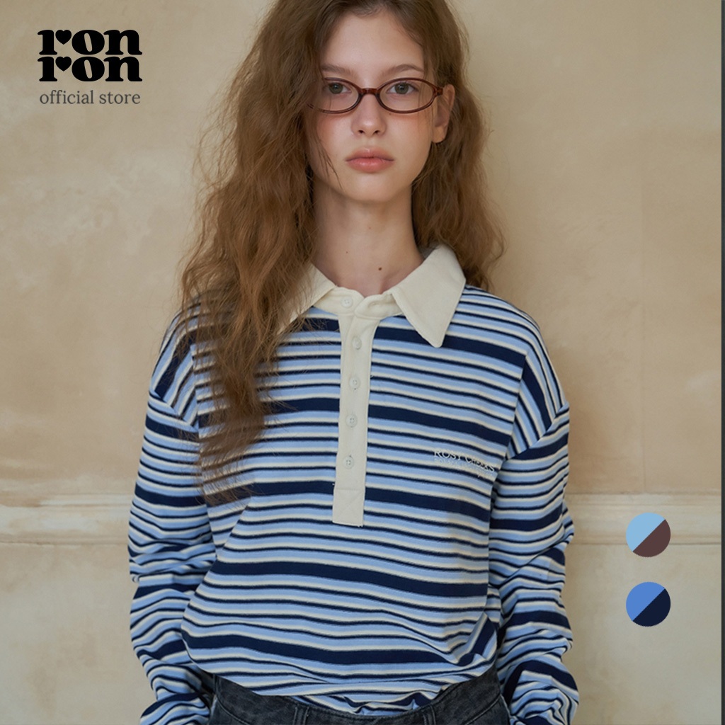 [RONRON] RUGBY HENRYNECK COLLAR T SHIRT / BROWN STRIPE