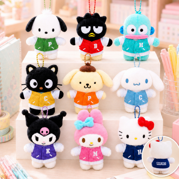 SANRIO ซานริโอ วิทยาเขตแท้ตุ๊กตาพวงกุญแจกระเป๋าเสน่ห์จี้9ซม | Hello Kitty Kuromi Cinnamoroll Pochacco Pompompurin Hangyodon Badtz-Maru