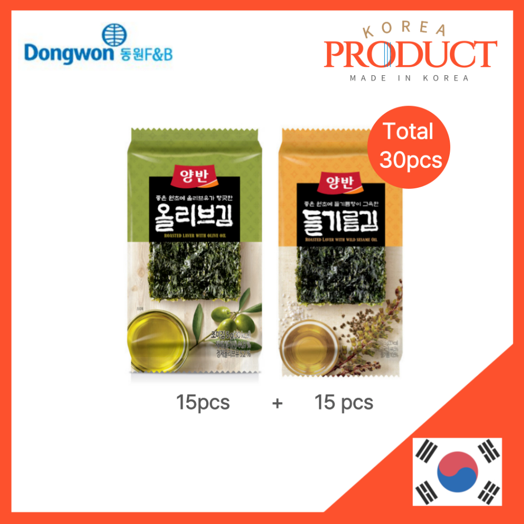 DONGWON YANGBAN สาหร่ายทะเลพร้อมน้ํามันมะกอก 15 ชิ้น + สาหร่ายพร้อมน้ํามันงาป่า 15 ชิ้น