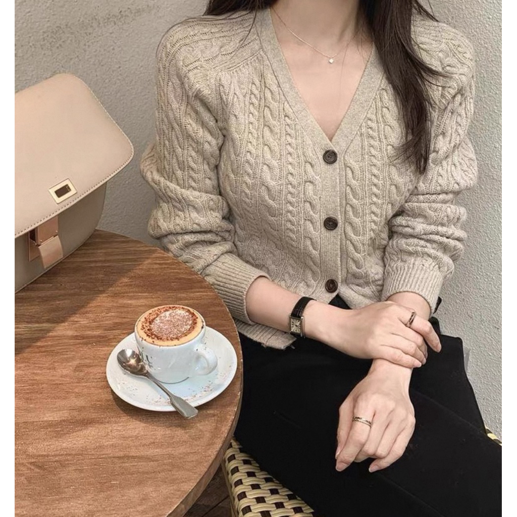 FLS Womens Cable Knit Cardigan Classic V คอปุ่มเสื้อกันหนาวเสื้อถักลําลอง