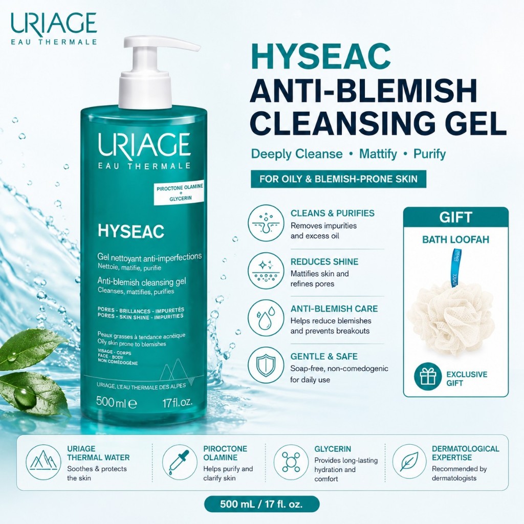 [Uriage] Hyseac Anti-Blemish Cleansing Gel 500ml พร้อมใยบวบอาบน้ํา (ของขวัญ)