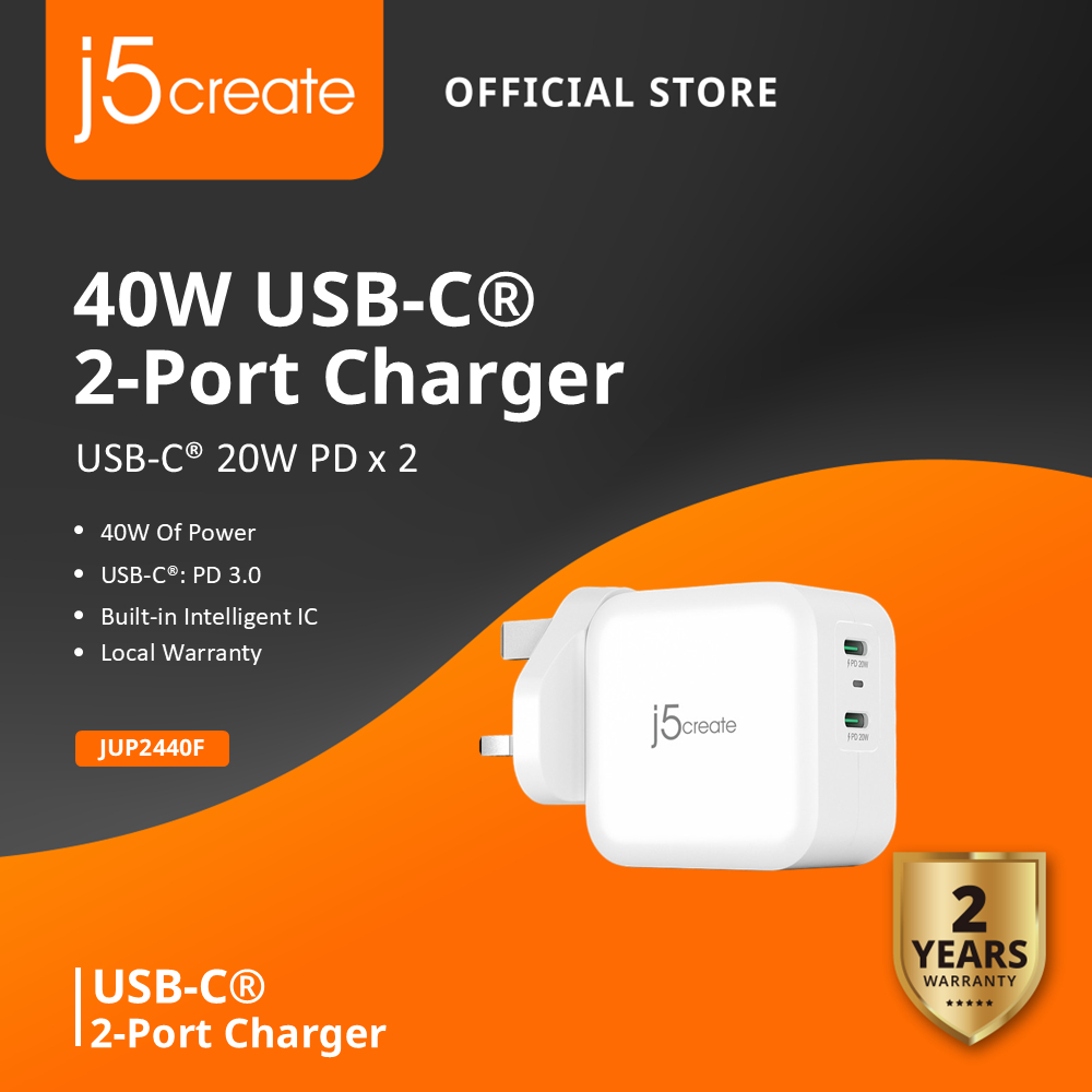 J5CREATE JUP2440F 40W PD USB-C เครื่องชาร์จขนาดเล็ก 2 พอร์ต
