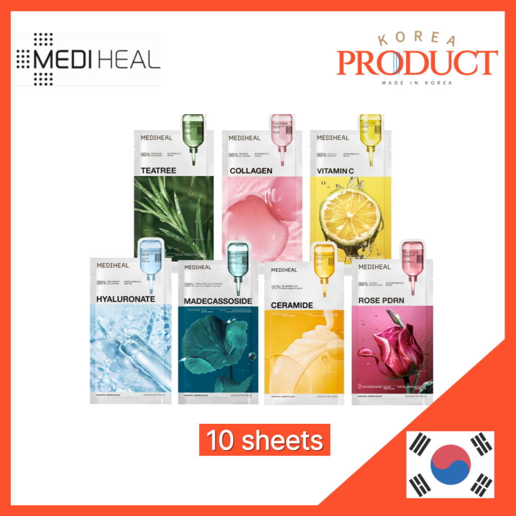 MEDIHEAL Essential Mask Sheet 10ea Set (ทีทรี คอลลาเจน วิตามินซี , Hyaluronate, Madecassoside, Ceram